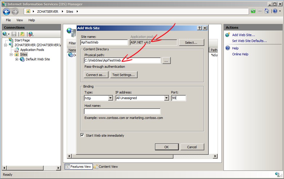 Creating the API demo website in IIS Manager