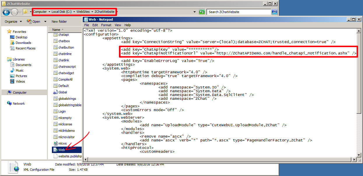 The DChat web.config with ChatApiNotificationUrl registered