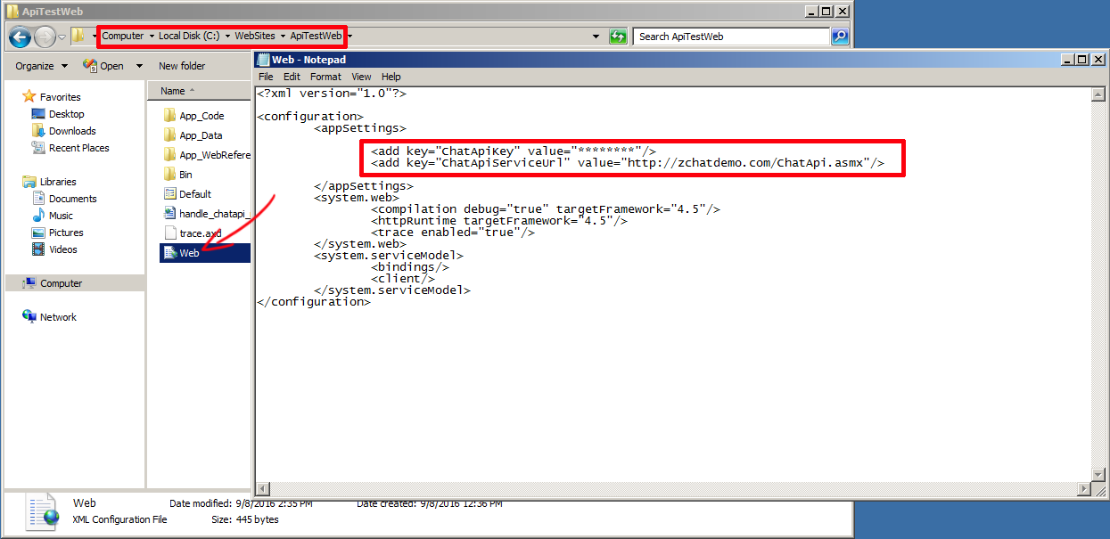 The API demo web.config with ChatApiServiceUrl and ChatApiKey registered