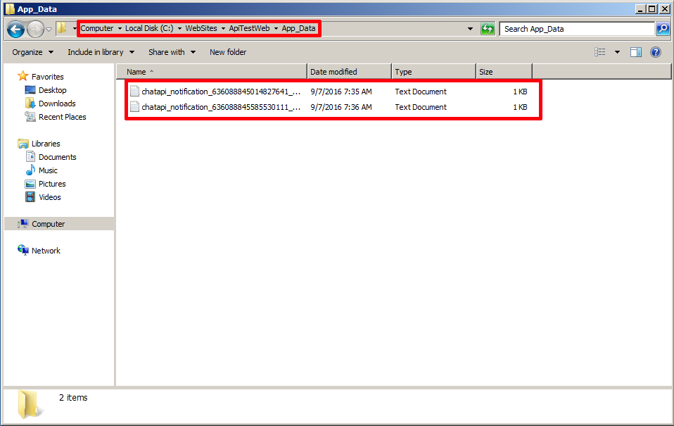 Notification files written into the API demo App_Data folder