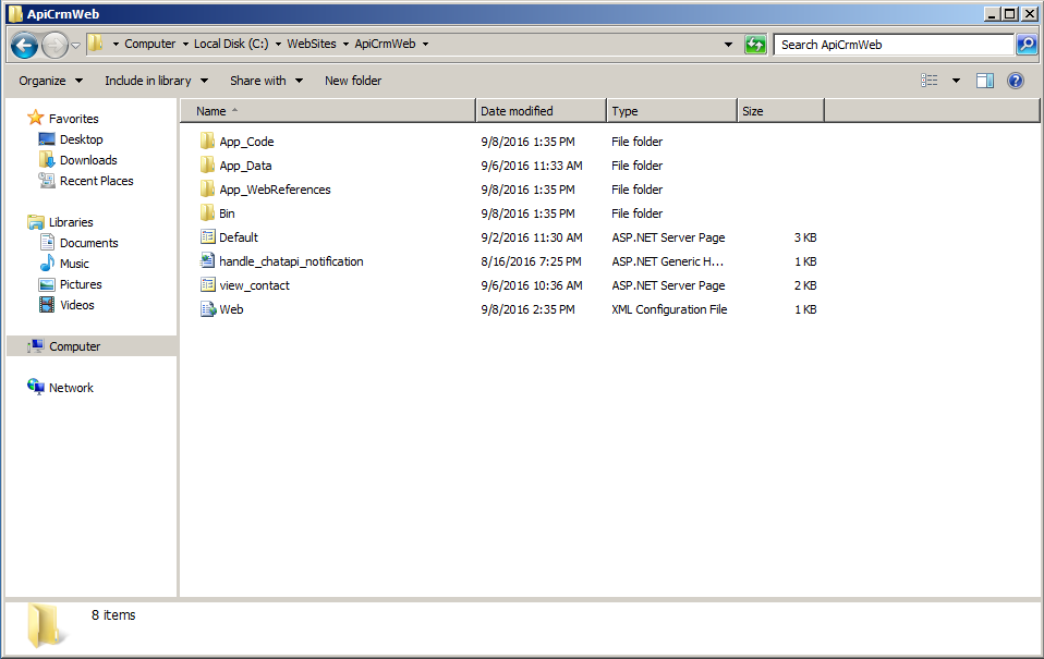 The unzipped integration package copied into a new website folder