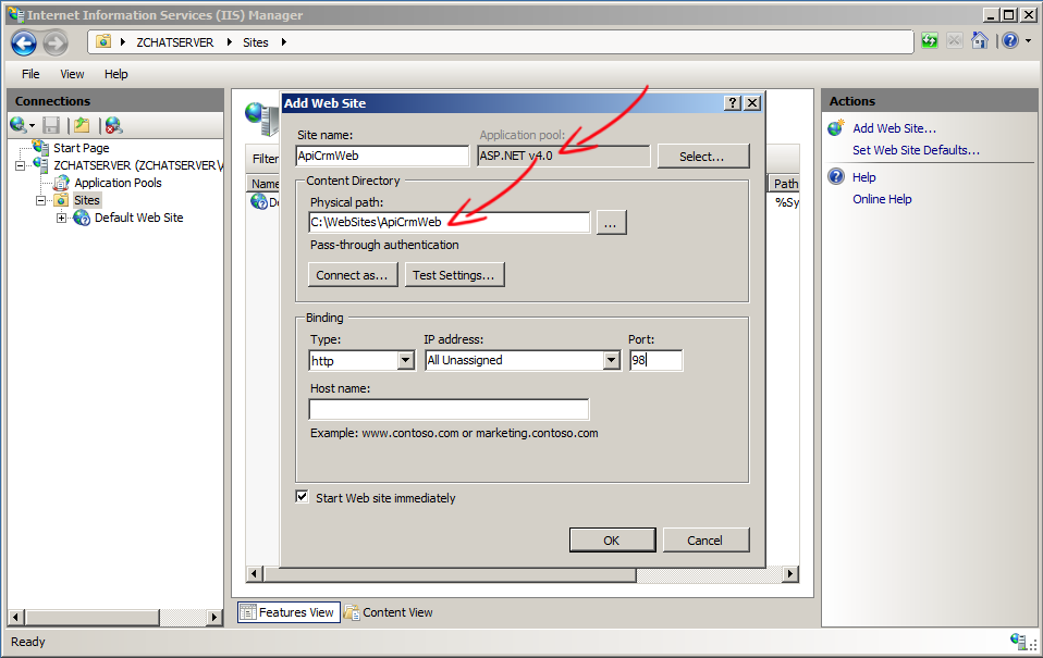 Creating the integration website in IIS Manager