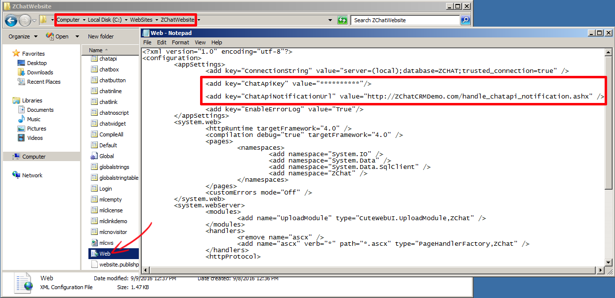 The DChat web.config with ChatApiNotificationUrl registered