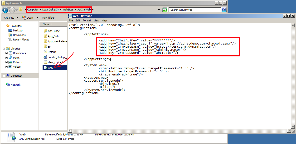 The CRM web.config with ChatApiServiceUrl and ChatApiKey registered