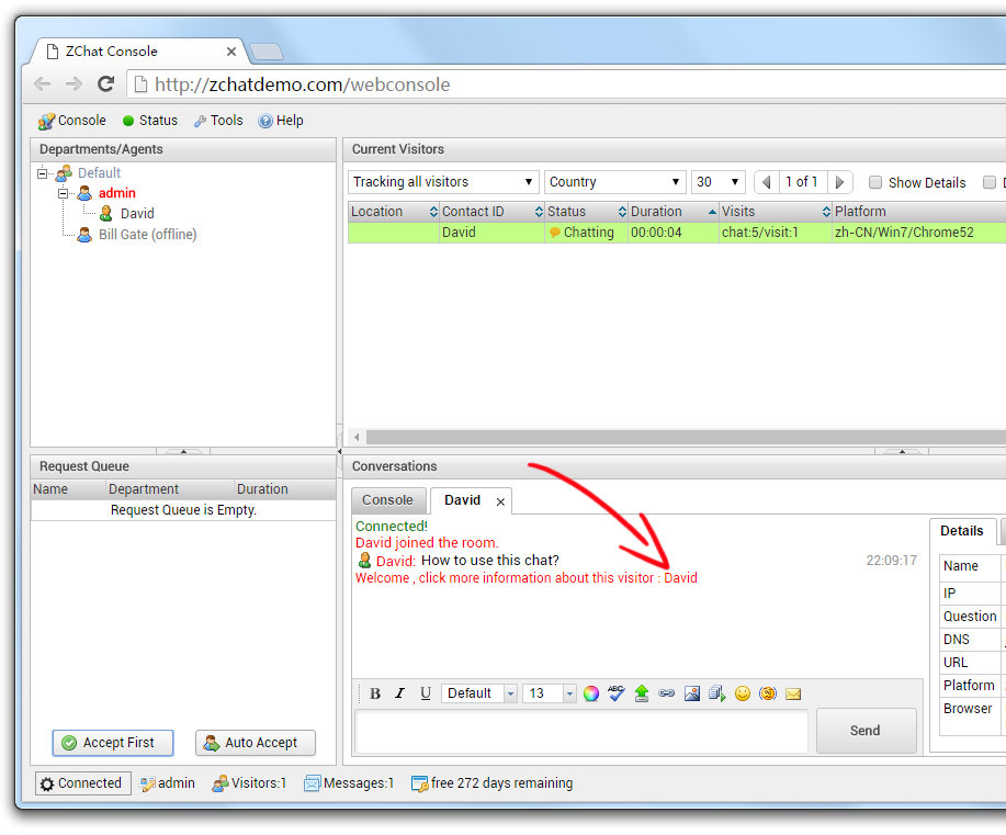 A chat conversation started from the visitor widget