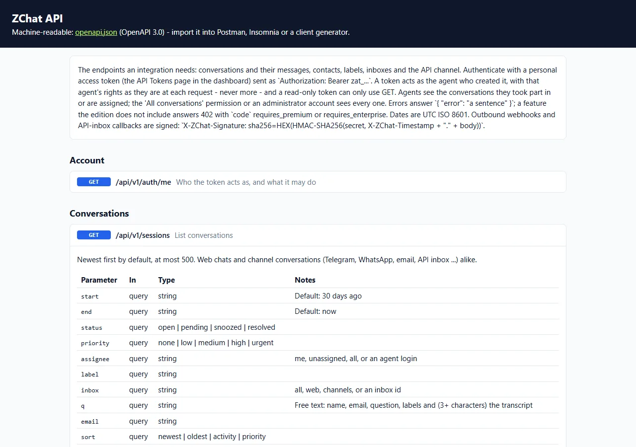 DChat API reference page describing authentication with a personal access token and the list conversations endpoint with its parameters