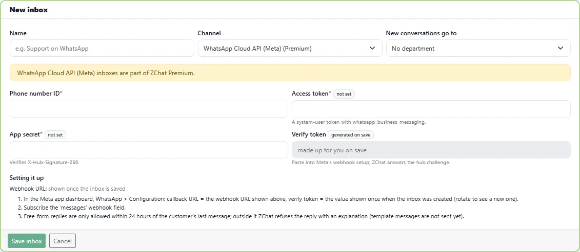 New inbox form for a WhatsApp Cloud API inbox, marked as part of DChat Premium, with phone number ID, access token and app secret fields