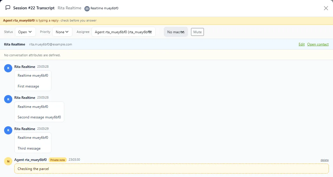 DChat conversation with a banner saying another agent is typing a reply, status, priority and assignee controls, and a private note