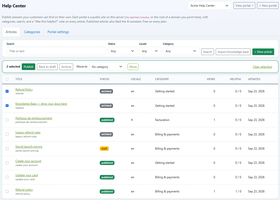 DChat help center article list with draft, published and archived articles in English and French