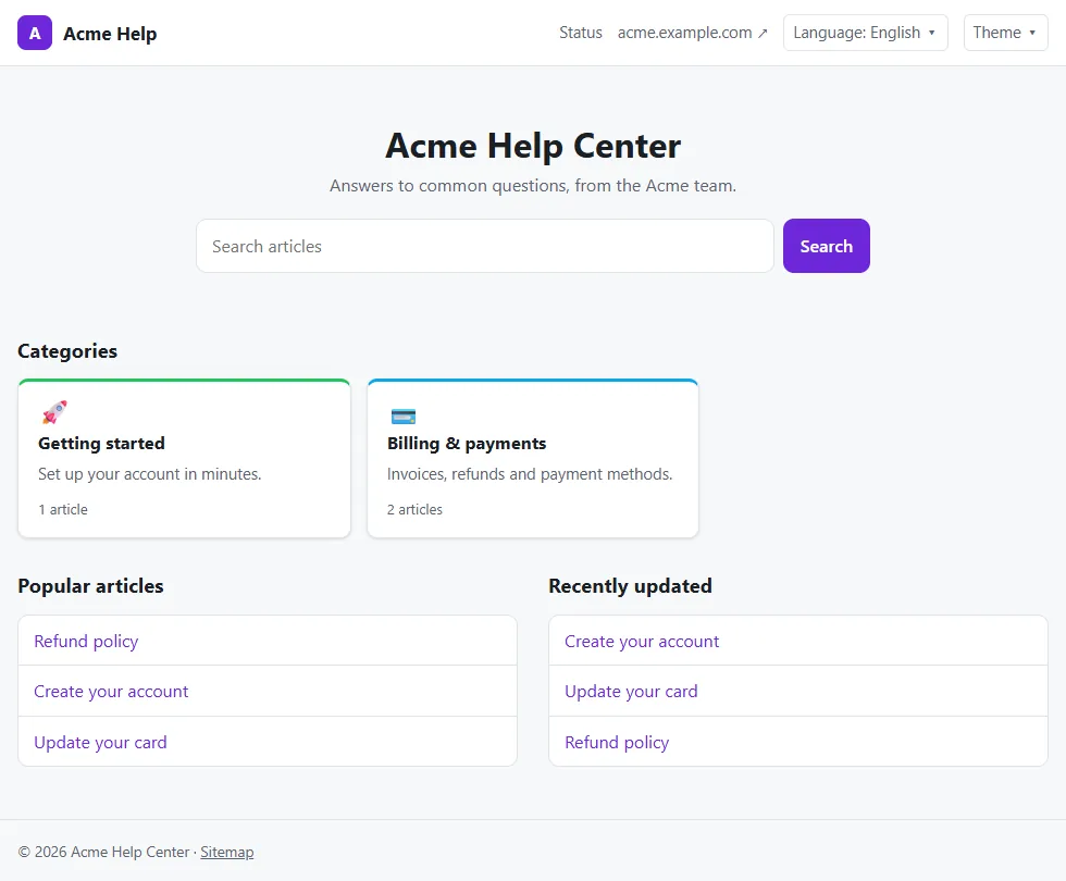 A DChat help center portal home page with search, categories, popular articles and recently updated articles