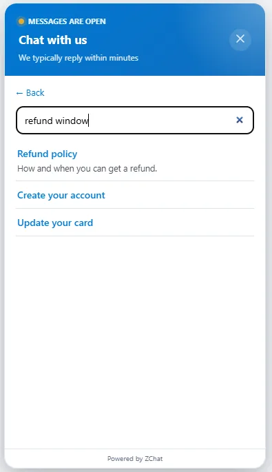 DChat chat widget showing help article search results for a refund question