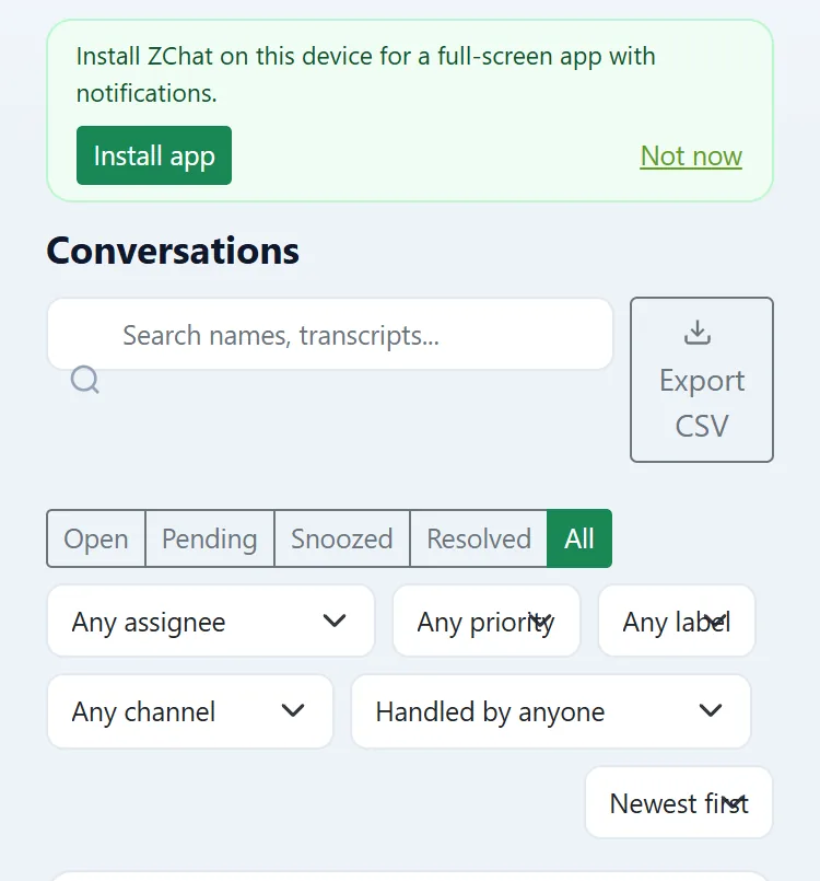 DChat dashboard on a phone showing an Install app prompt and the conversations list with status and assignee filters
