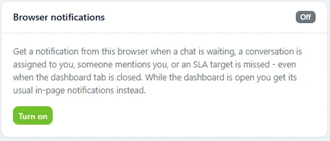 DChat browser notifications card explaining notifications for waiting chats, assignments, mentions and missed SLA targets