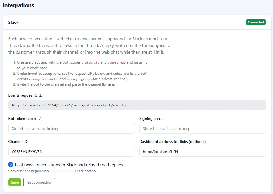 DChat Slack integration settings showing the events request URL, bot token, signing secret and channel ID fields, marked connected