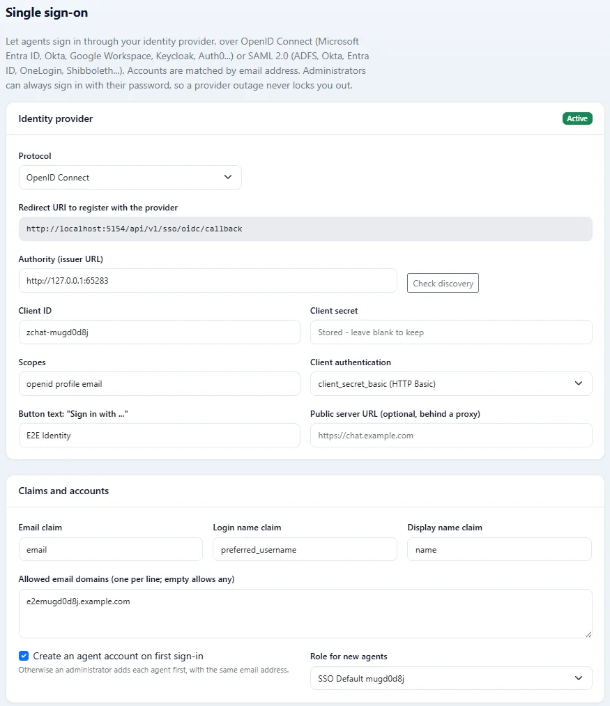 DChat single sign-on settings with OpenID Connect selected, issuer URL, client ID, scopes, claim mapping and allowed email domains