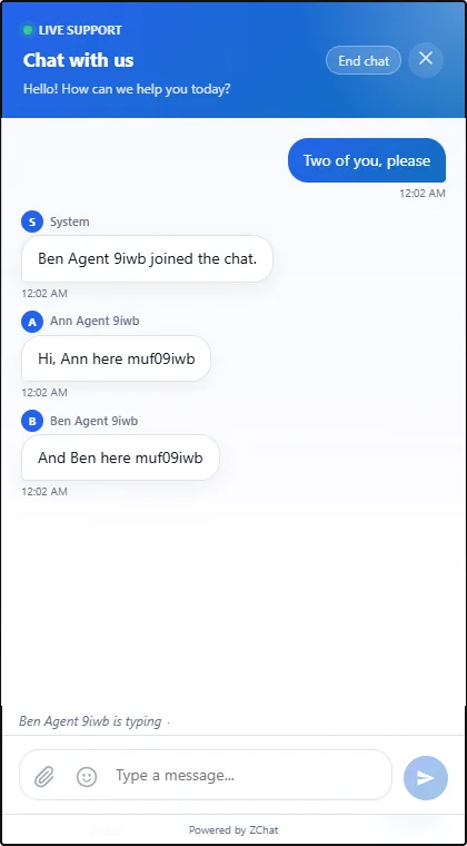 DChat chat widget where a second agent has joined the chat and both agents reply
