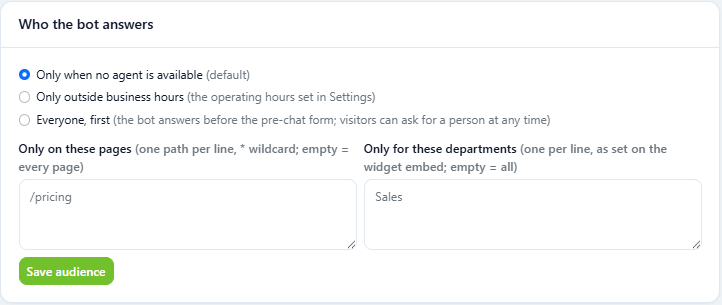 DChat chatbot audience settings: only when no agent is available, only outside business hours, or everyone first, with page and department limits