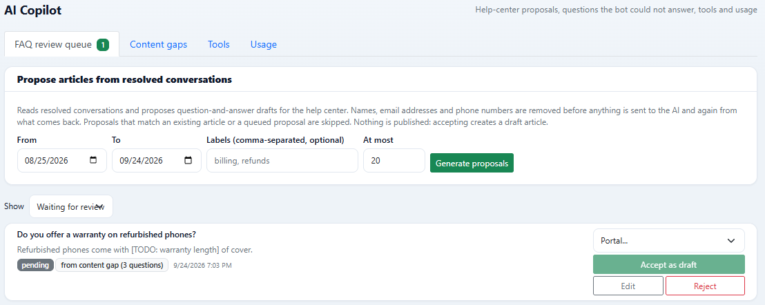 DChat AI Copilot FAQ review queue with a form to propose articles from resolved conversations and one pending proposal with Accept as draft, Edit and Reject buttons