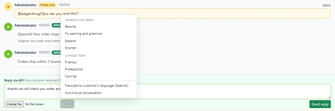 DChat reply box with the AI menu open, listing Rewrite, Fix spelling and grammar, Expand, Shorten, tone options Friendly, Professional and Concise, Translate to customer's language (Spanish) and Summarize conversation