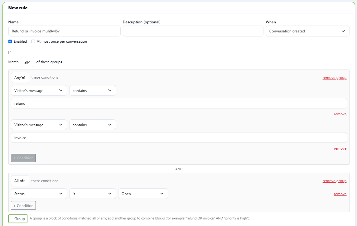 DChat automation rule editor with a group matching any of visitor message contains refund or contains invoice, and a second group requiring status is open