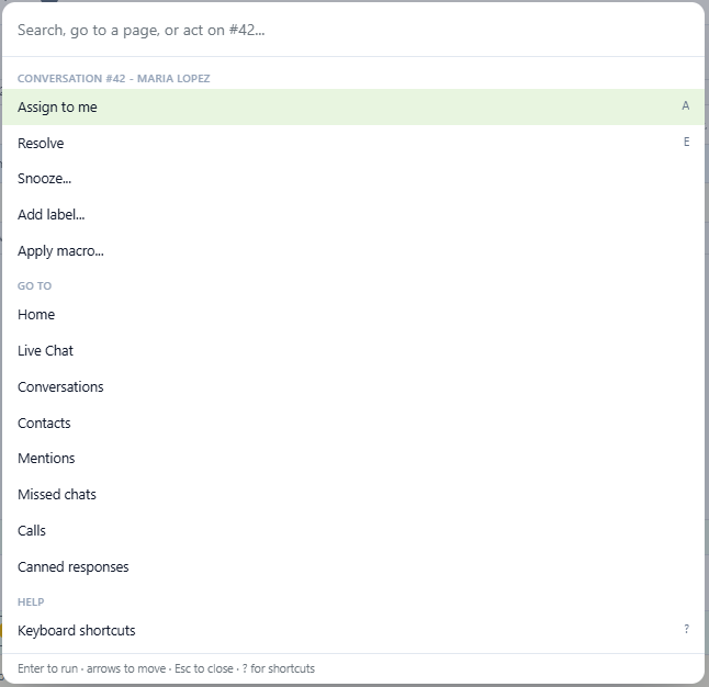 DChat command palette open on a conversation, listing Assign to me, Resolve, Snooze, Add label and Apply macro, then pages to go to
