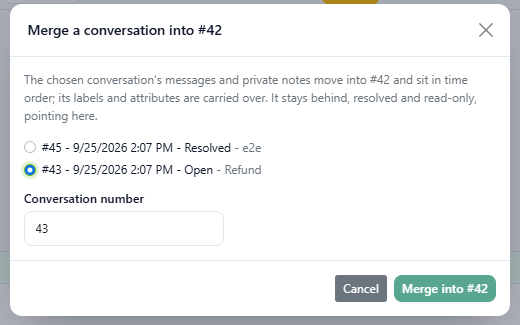 DChat dialog to merge conversation 43 into conversation 42, explaining that messages, notes, labels and attributes move over