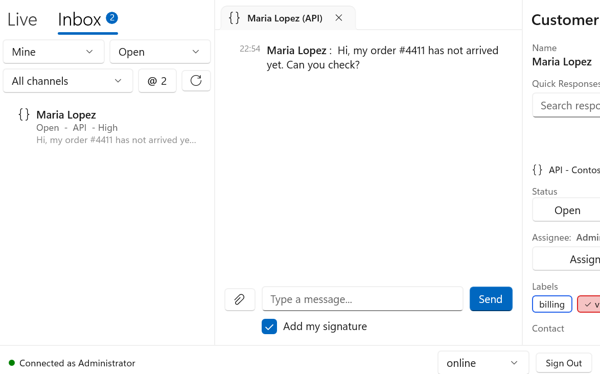 DChat Windows desktop app Inbox tab with Mine and Open filters, an API conversation from Maria Lopez, the reply box with Add my signature ticked, and the customer panel with status, assignee and labels
