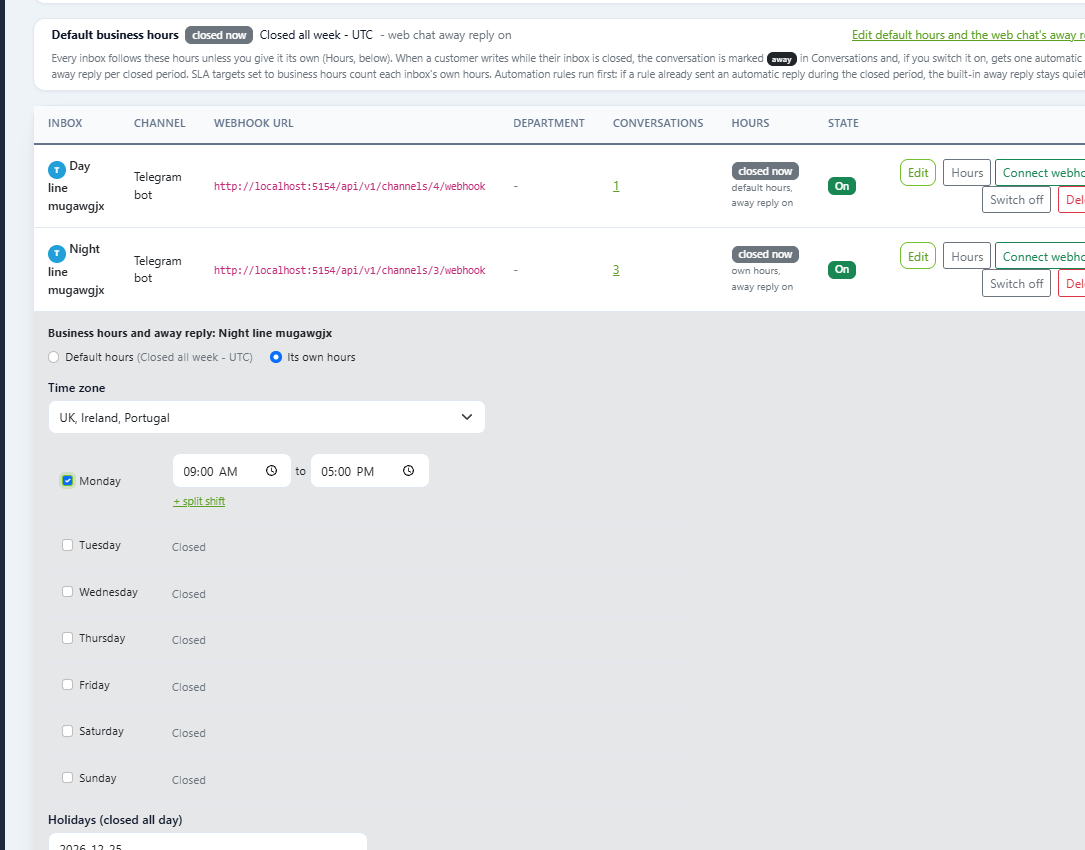 DChat inbox list with Hours buttons and a closed now badge, and the business hours editor for one Telegram inbox with its own time zone, opening hours per day and holidays