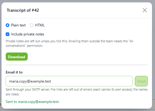 DChat transcript dialog with plain text and HTML options, an include private notes checkbox, a Download button and an email address field