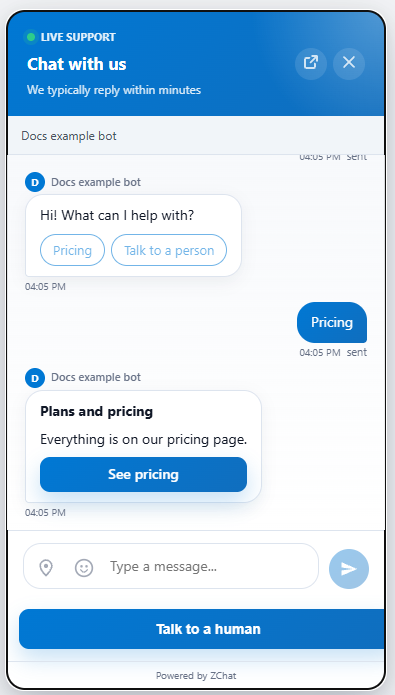 DChat chat widget where a bot offers Pricing and Talk to a person buttons, then answers with a Plans and pricing card and a See pricing button