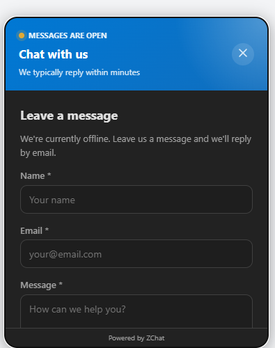 DChat chat widget in dark mode showing the leave a message form