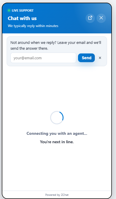 DChat chat widget asking a waiting visitor to leave an email address so the answer can be sent there