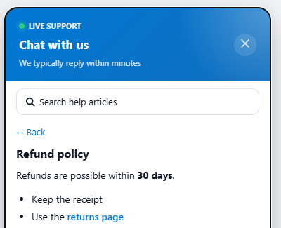DChat chat widget showing a Refund policy help article opened inside the widget