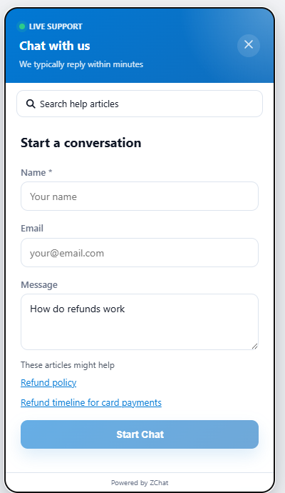 DChat chat widget pre-chat form where the visitor typed How do refunds work and two help articles are suggested