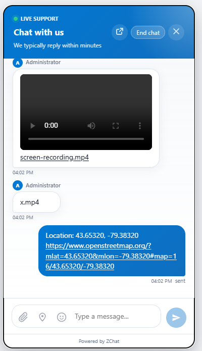 DChat chat widget with an inline video player from the agent and a shared location with a map link from the visitor