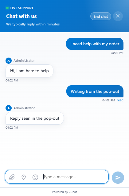 A DChat chat in its own pop-out window, with the visitor and agent messages and a read receipt