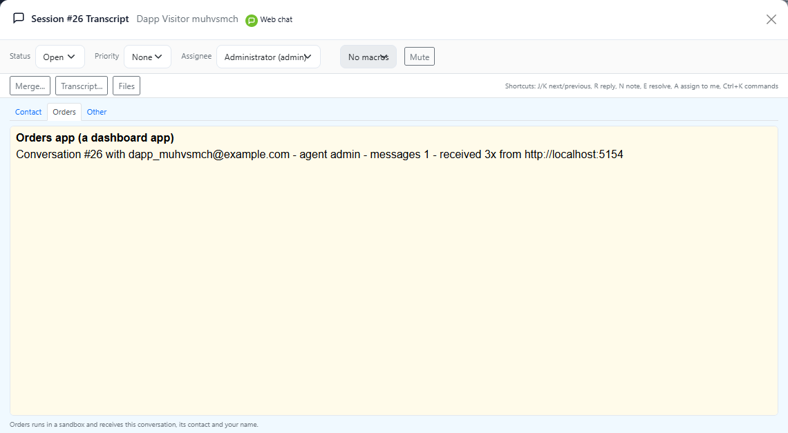 DChat conversation with Contact, Orders and Other tabs; the Orders tab shows a sandboxed dashboard app that received the conversation number, contact email and agent