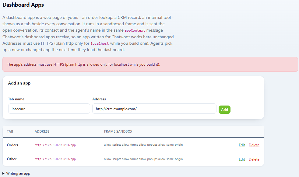 DChat Dashboard Apps page with an explanation, an error refusing a plain http address, an Add an app form and a list of two apps with their frame sandbox