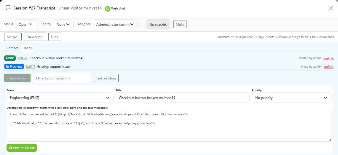 DChat conversation Linear tab listing two linked issues marked Done and In Progress, and a Create issue form with team, title, priority and a description quoting the conversation