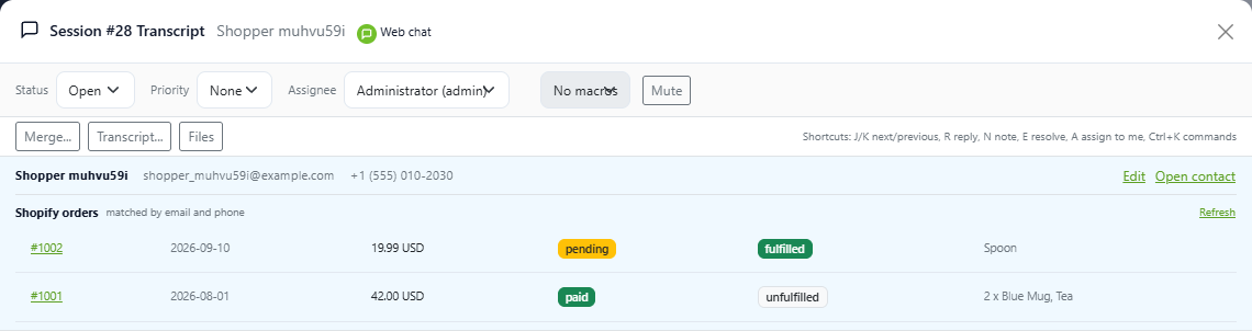 DChat conversation with the contact panel listing two Shopify orders with number, date, total, payment status, fulfilment status and items