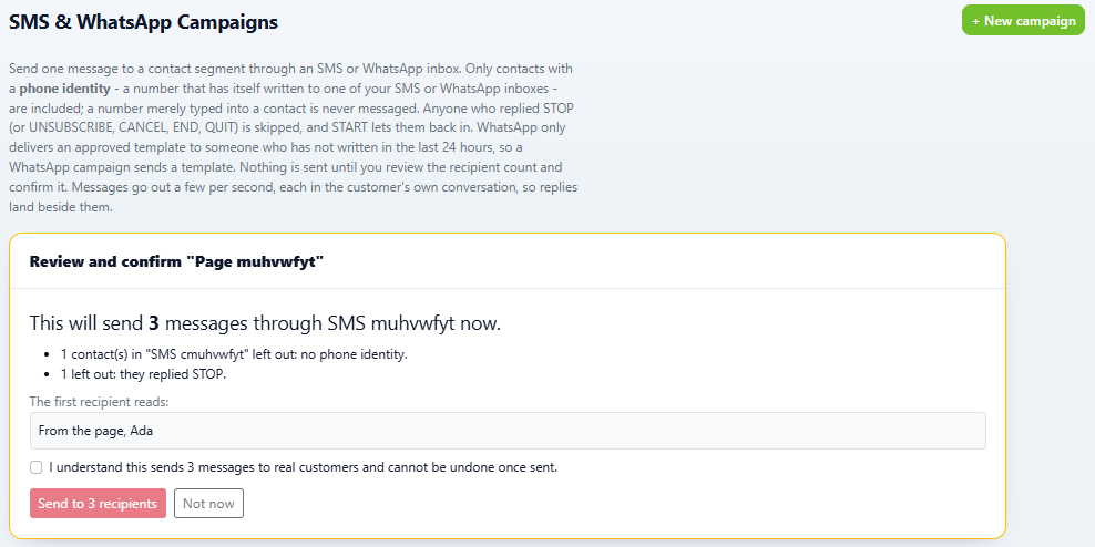 DChat SMS and WhatsApp Campaigns page with a review box: this will send 3 messages, one contact left out with no phone identity and one who replied STOP, the first recipient's message and a confirmation checkbox