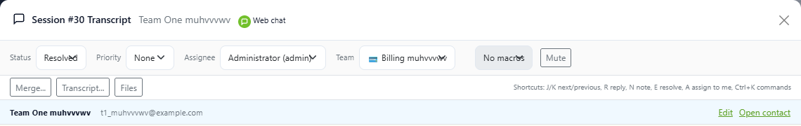 DChat conversation header with status, priority, assignee and a Team selector set to Billing