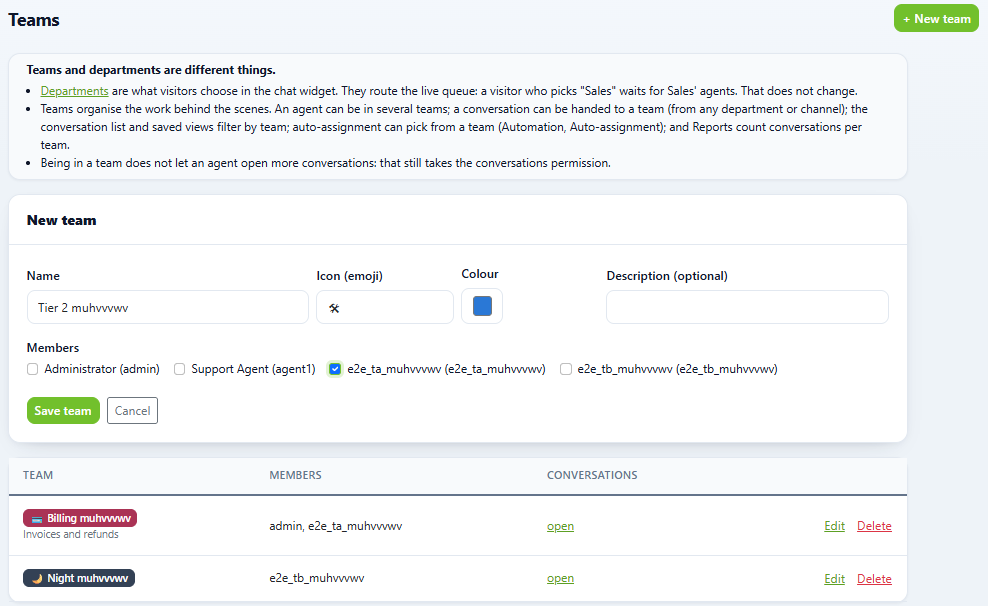 DChat Teams page explaining teams versus departments, a New team form with name, icon, colour and member checkboxes, and a list of two teams with their members