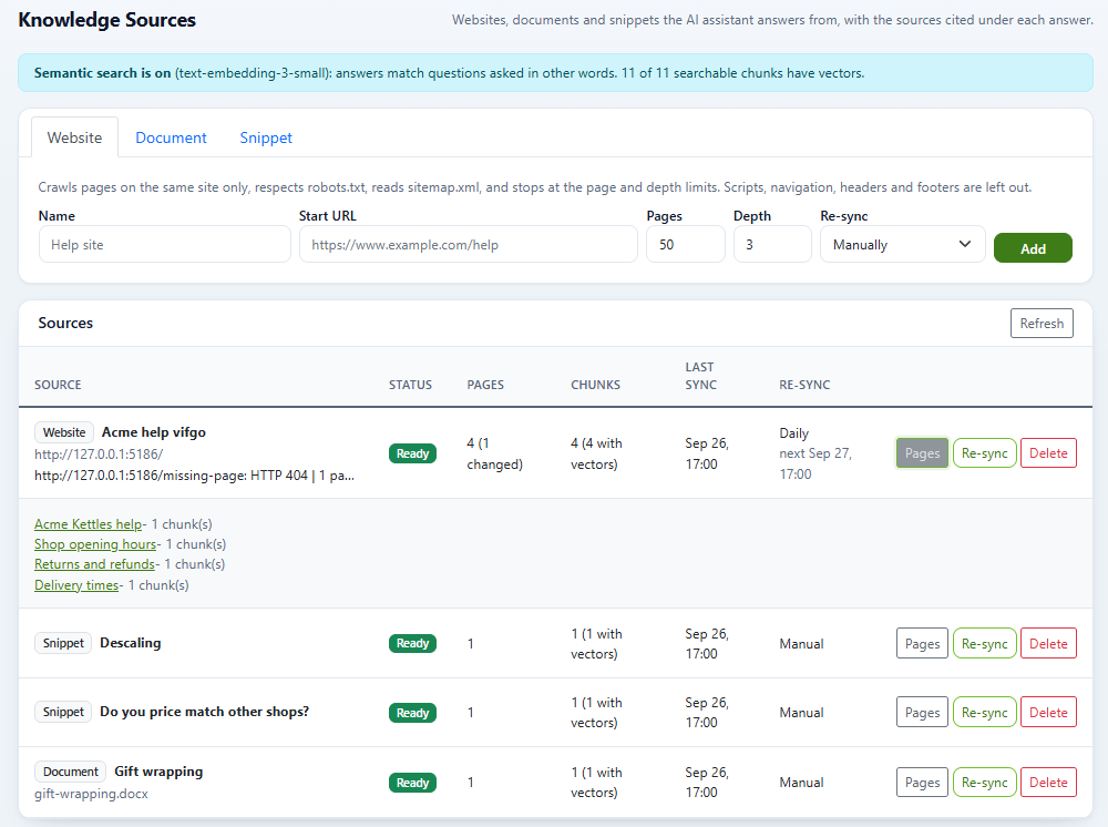 DChat Knowledge Sources page: add a website, document or snippet, and a list of sources with status, pages, chunks with vectors, last sync and a daily re-sync schedule