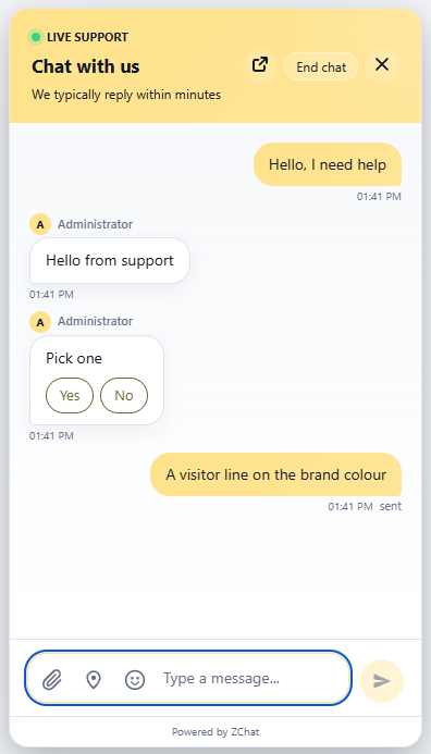 DChat chat widget on a very light yellow brand colour, with dark readable text in the header and messages and a visible keyboard focus ring on the message box