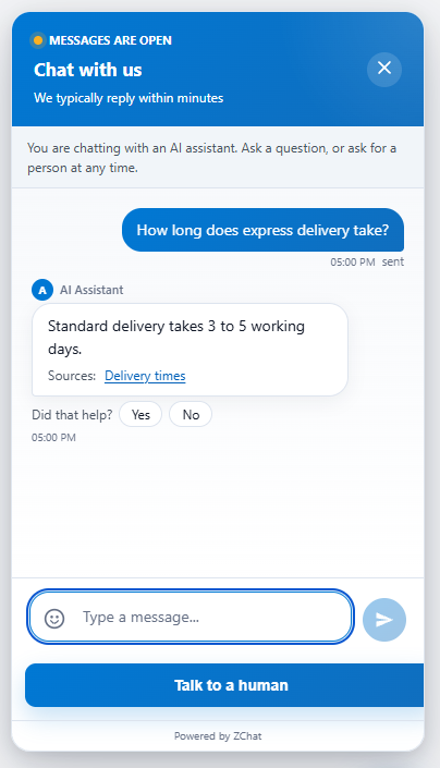 DChat chat widget where the AI assistant answers a delivery question, lists Delivery times as its source and asks Did that help? with Yes and No buttons, above a Talk to a human button
