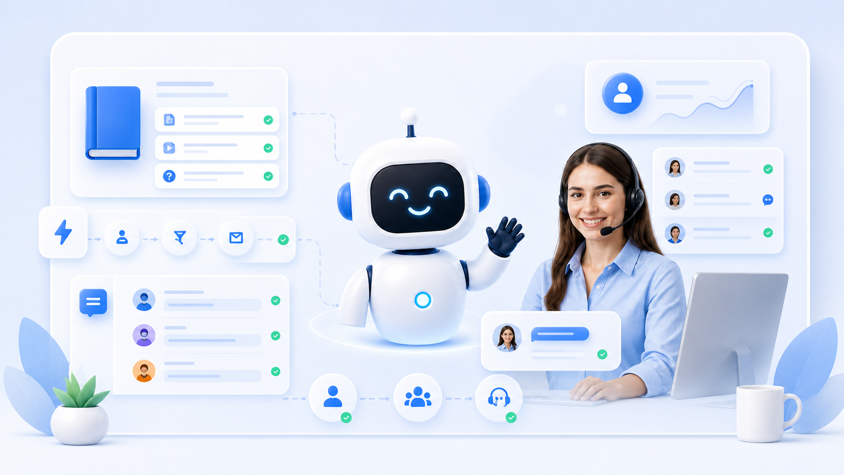 Dchat AI assistant, support agent, knowledge cards, and automation cards