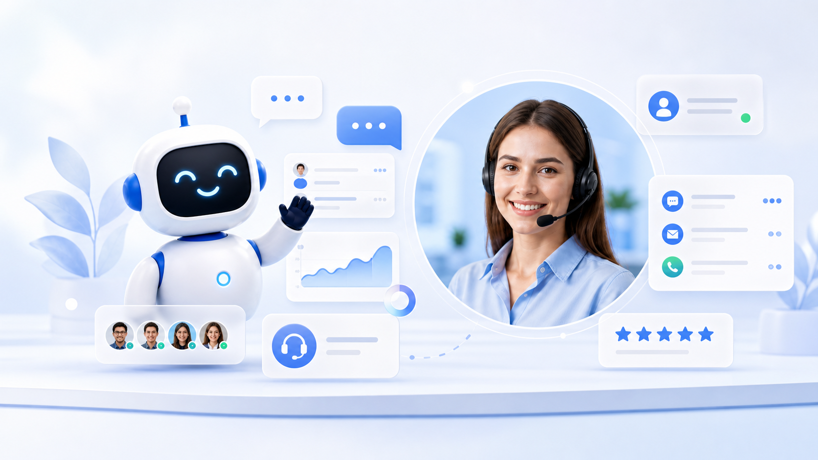 Dchat AI assistant and human support operator representing trust, control, and deployment choice