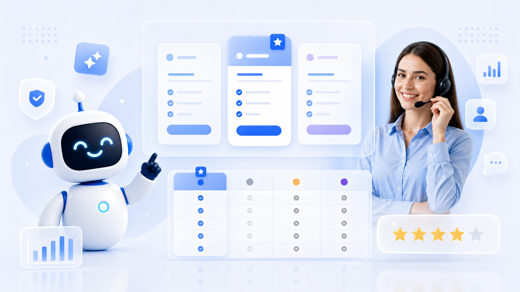 Dchat AI assistant and headset support agent with simple plan cards and value checks