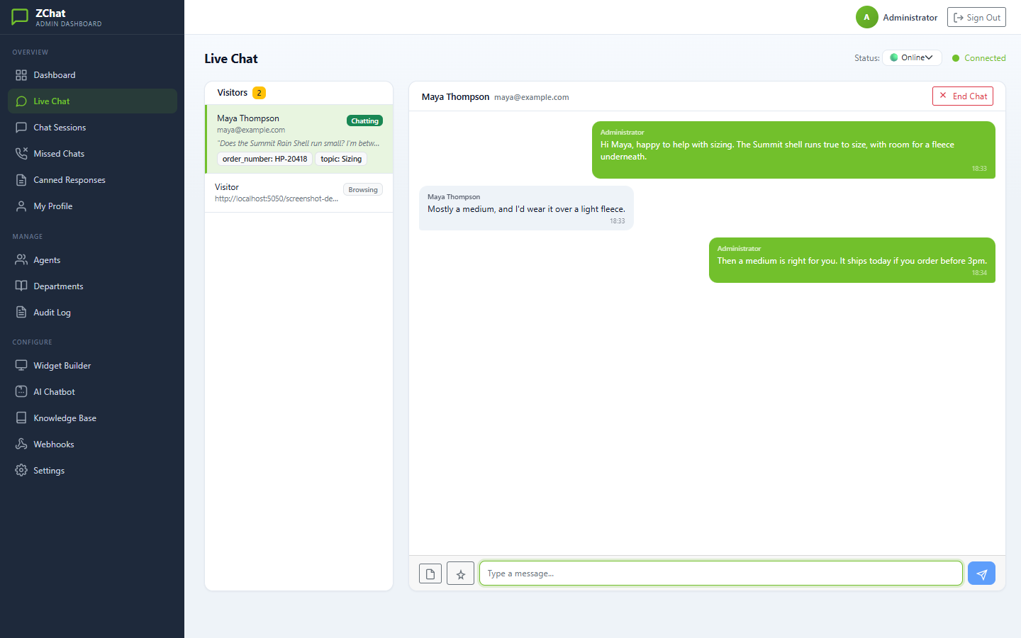 DChat agent console in a live conversation